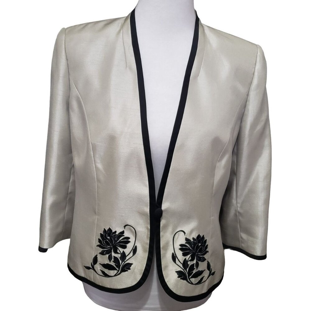 Jacques Vert Size 12 Light Beige 3/4 Sleeve Jacket Embroidered Silk Look